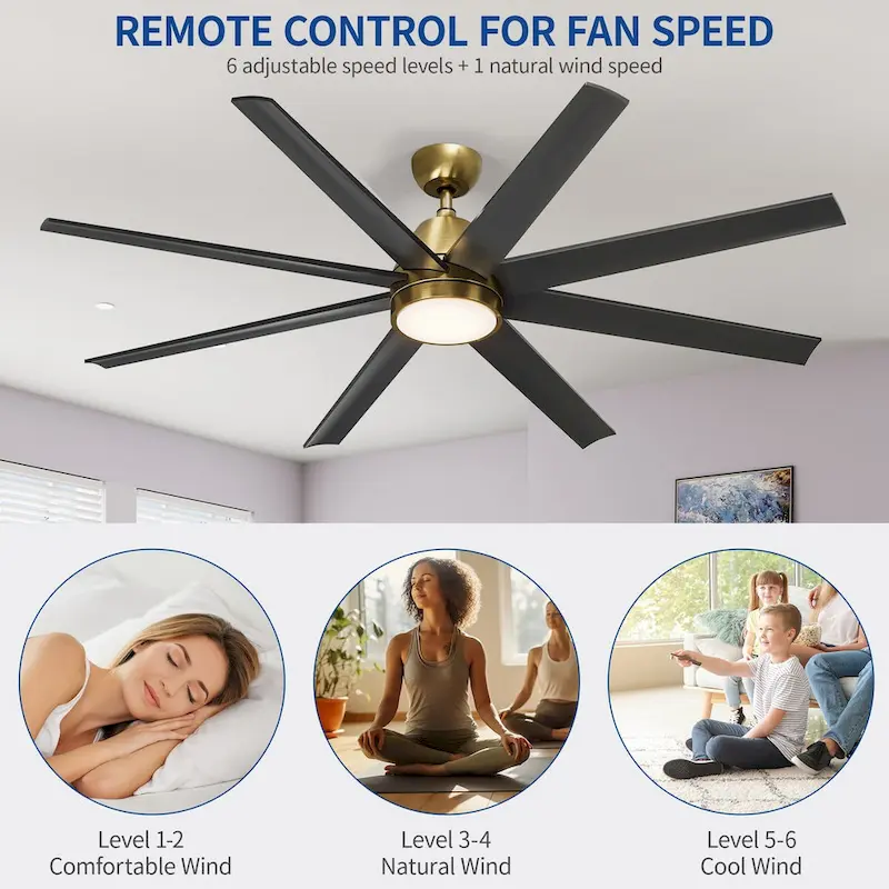 Moasis 8 Blade Ceiling Fan with Light and Remote 65 Inch Large Black and Gold Ceiling Fan - 65 W x 65 L x 39.5 H