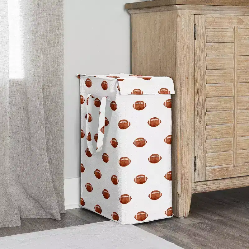 Sweet Jojo Designs Boy Foldable Laundry Hamper with Handles Watercolor Sports Football Theme Brown and White
