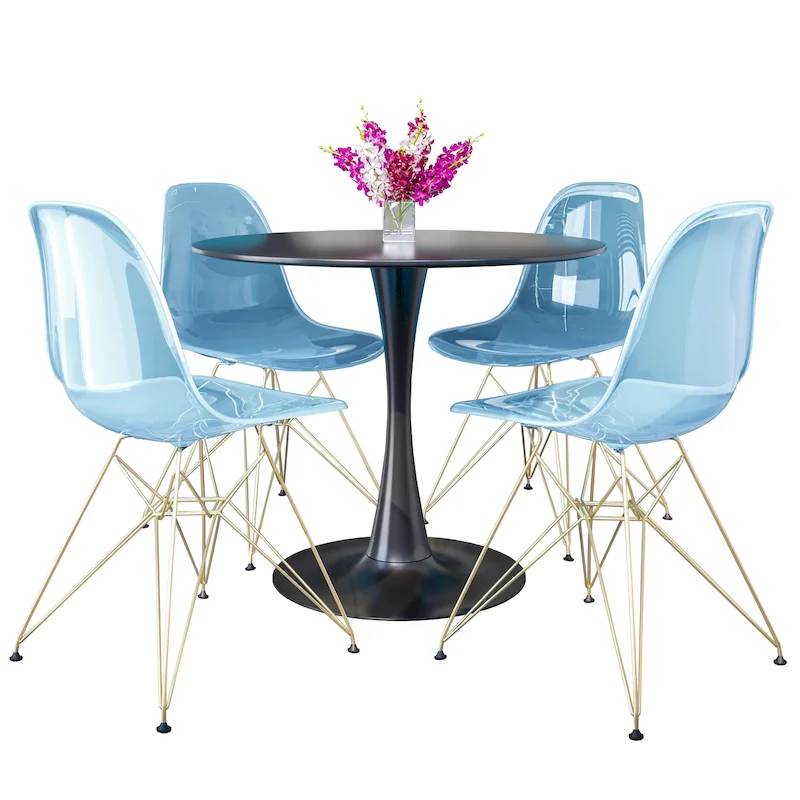 5-Piece Dining Set with 35 Round MDF Table and 4 ABS Plastic Side Chair with Gold Metal Legs
