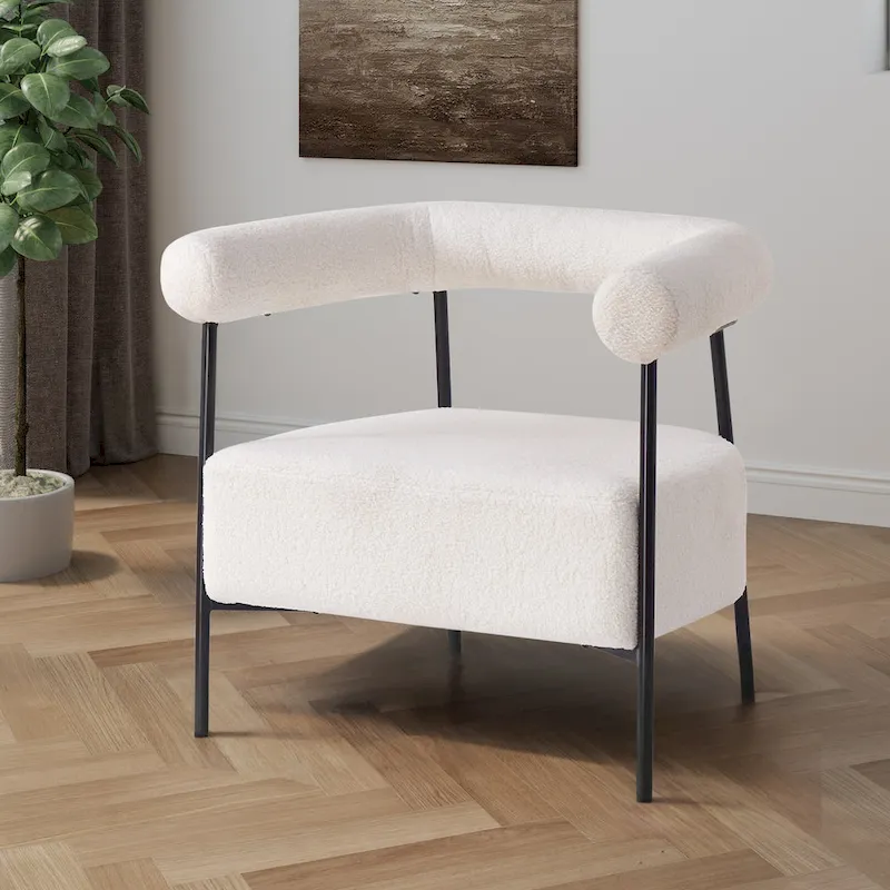 Modern Boucle Fabric Upholstered Accent Chair, Curved Armchair with Black Metal Frame