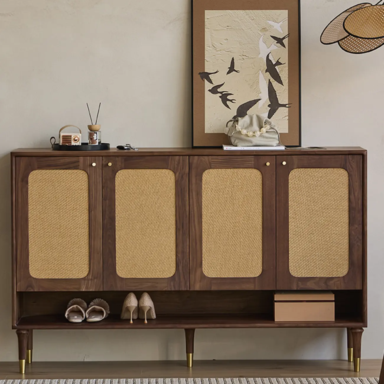 Bohemian Brown Solid Wood Entryway Shoe Cabinet