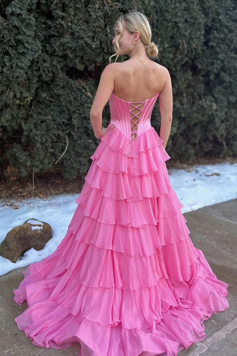 Pink Sweetheart A Line Chiffon Ruffled Long Formal Prom Dresses With Beading