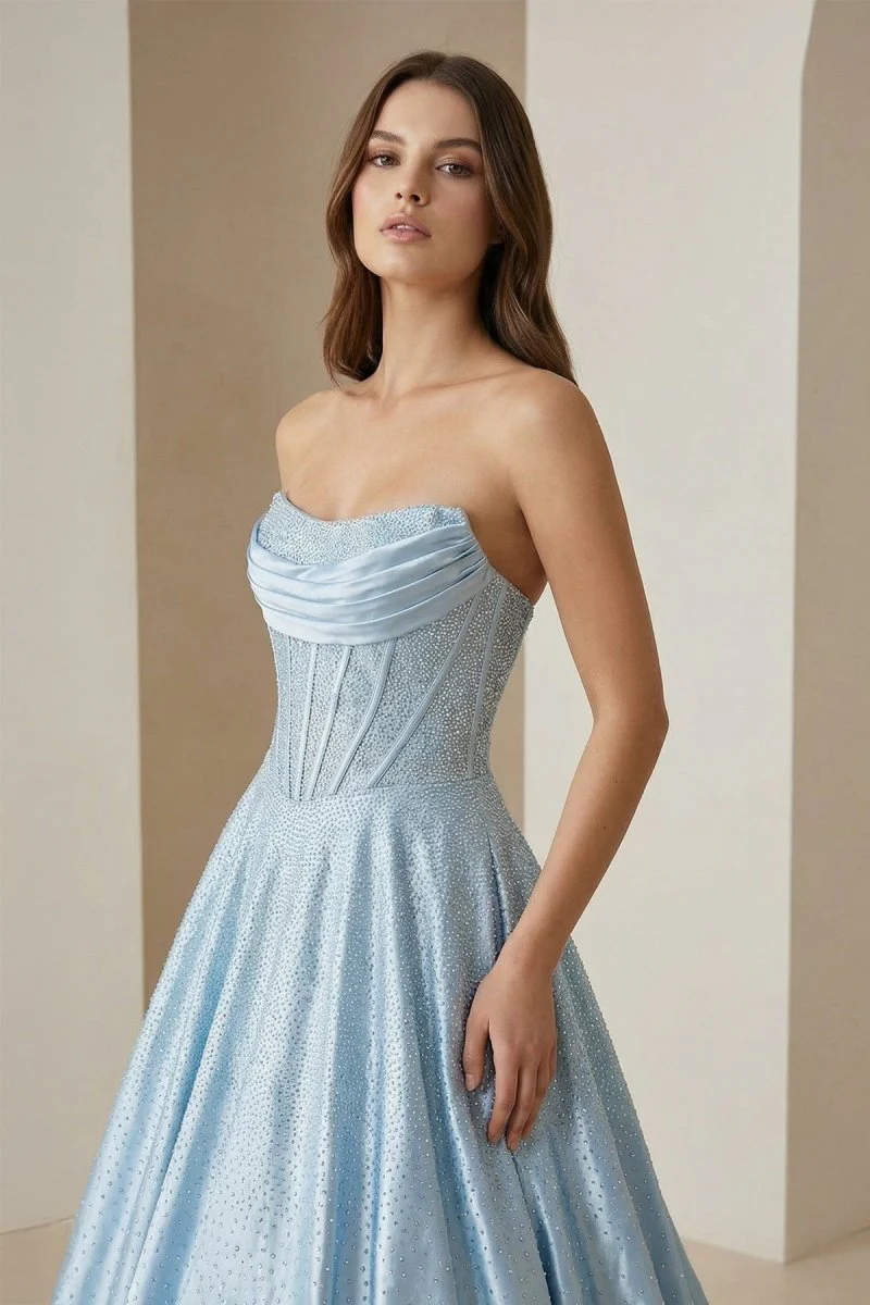 Sky Blue - Strapless A Line Satin Beaded Long Prom Dresses With Pockets