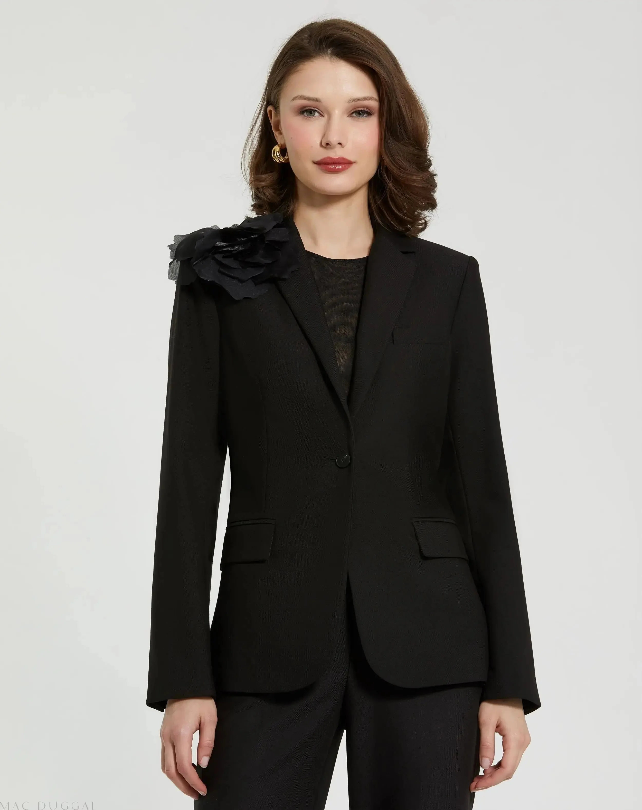 Black Classic Crepe Blazer Jacket With Flower - FINAL SALE