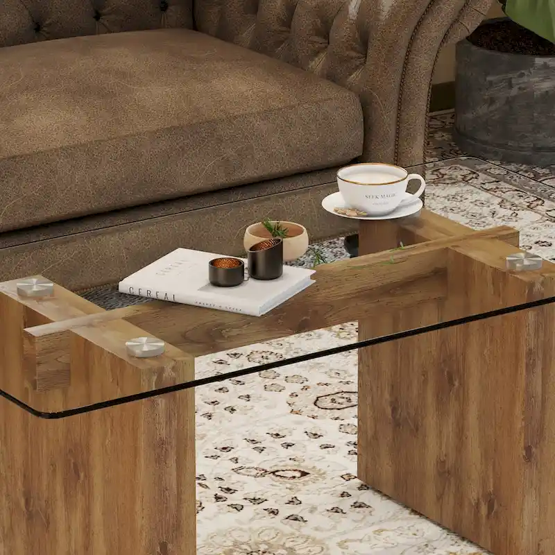 Tempered Glass Coffee Table with MDF Column Legs