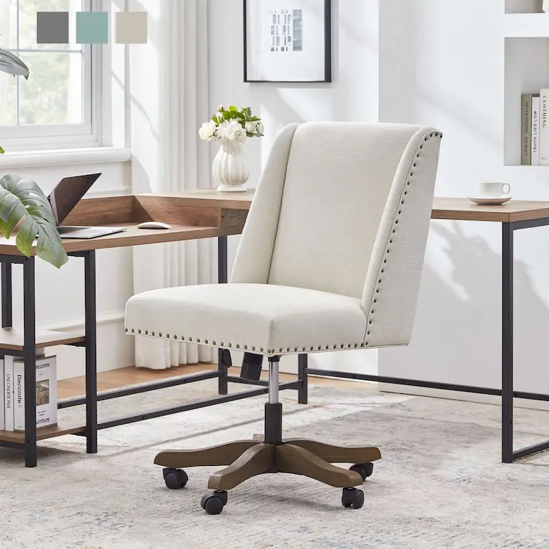 Linen Swivel Office Chair with Wheels – Grey / Beige / Green, Adjustable Height, For 1 Person