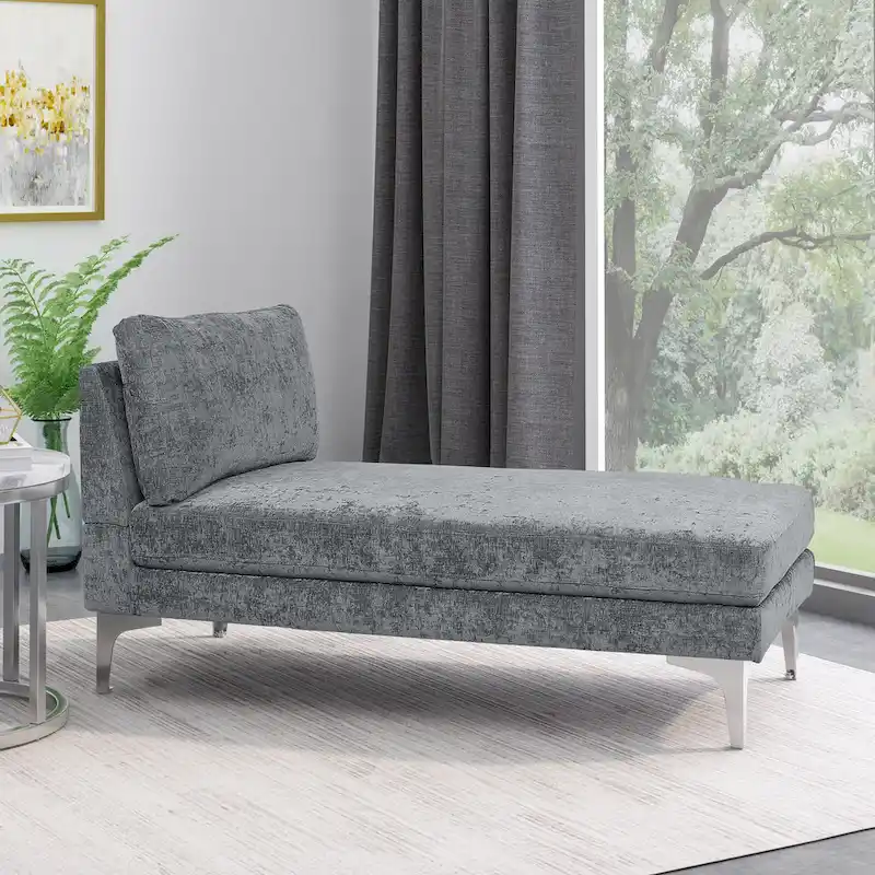 Contemporary Fabric Chaise Lounge, Silver Iron Legs, Backrest Pillow, Ivory / Black / Gray, 1-Person Use