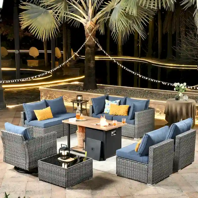 HOOOWOOO 10-piece Grey Rattan Patio Furniture Set with Fire Pit