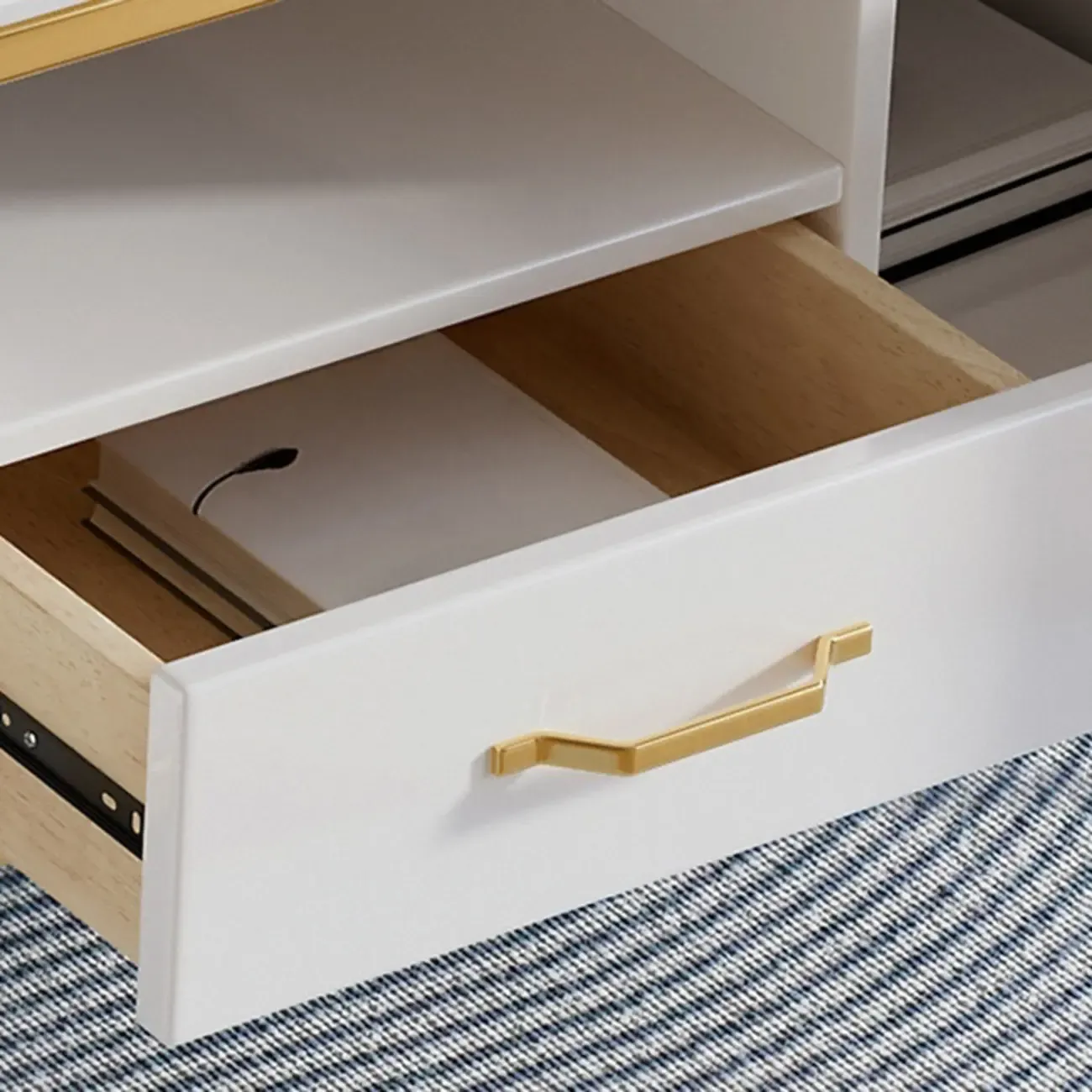 Glam Glossy White Stone TV Stand with Cable Management