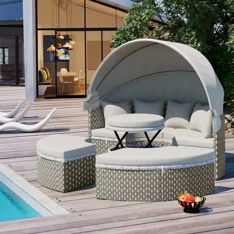 6PCS Patio Furniture Round, Outdoor Sectional Sofa Set with Retractable Canopy, Separate Seating and Removable Cushion