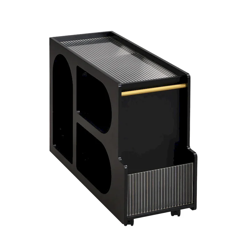 31.5  Modern Mobile End Table with 5mm Thick Fluted Tempered Glass, Lockable Wheels and Golden Round Rod