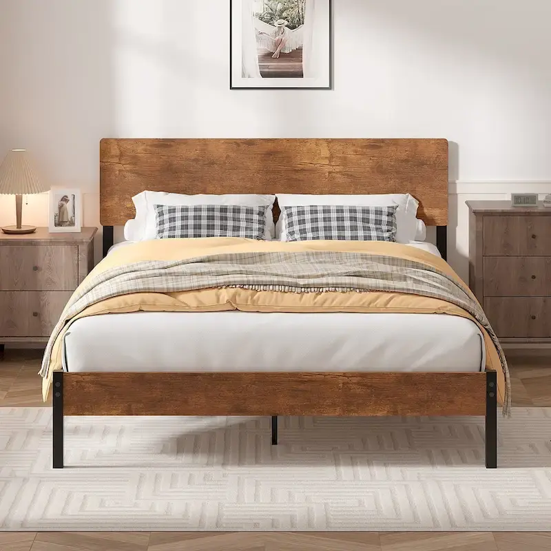 Elegant Iron Queen Bed Frame with MDF Headboard & Footboard - Modern Industrial Style