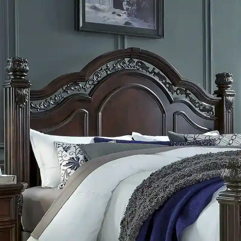 King Poster Headboard Dark Brown Cognac Finish Acanthus Leaf Carving Scrolled Metal Accent Poplar Rubberwood Birch 83.75