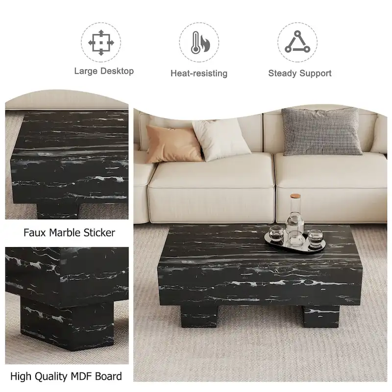 43.3 MDF Coffee Table with Black Marble Texture, 300lbs Capacity