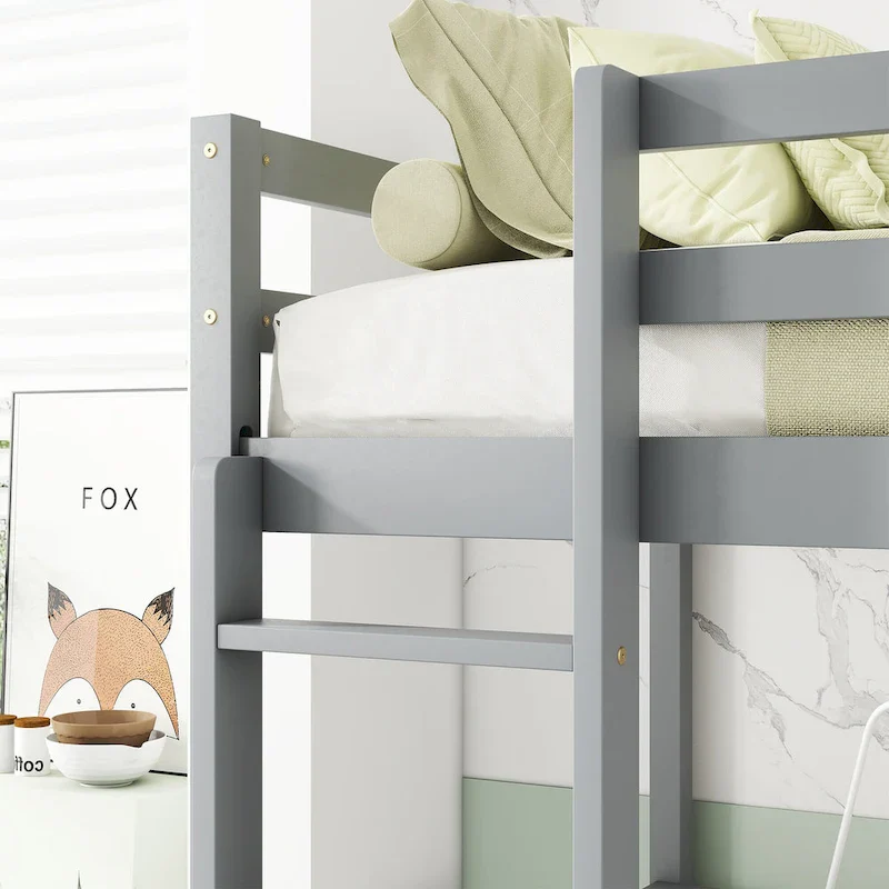 Grey Twin Size Wood Loft Bed with Desk, Storage, and Ladder
