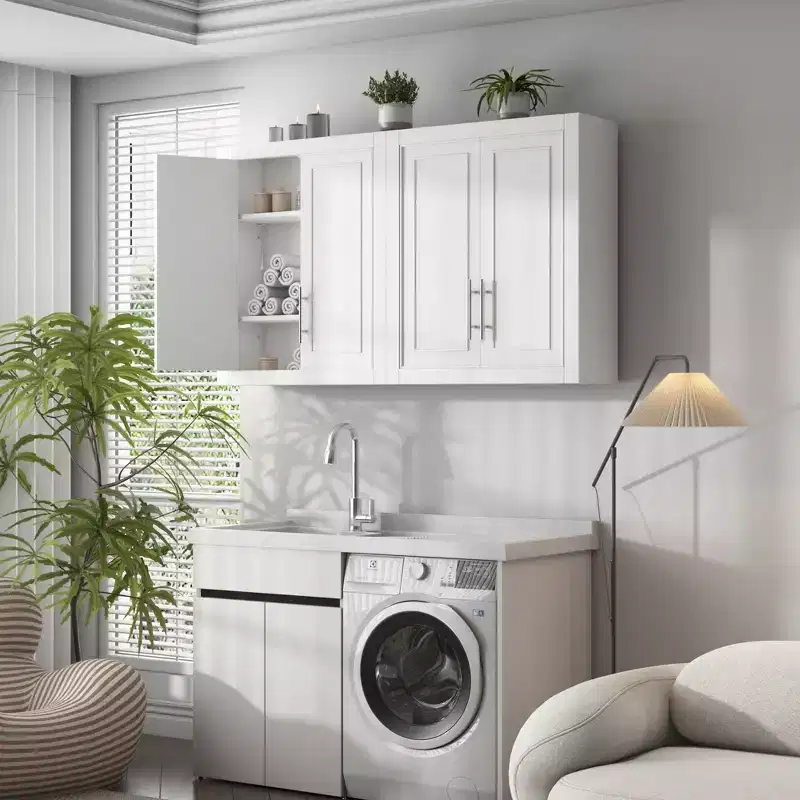 Bathroom Kitchen Wall Cabinet, Medicine Cabinet Over Toilet, Laundry Room Cabinet with Doors and Storage Shelves, White