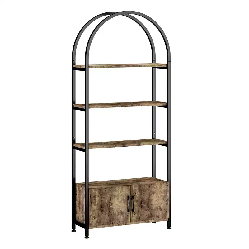 Bookcase, 71.5 Inch Tall Industrial Book Shelf with Metal Frame and Storage,4 Tier Arched Bookshelf, Display Shelf for Living Room and Office