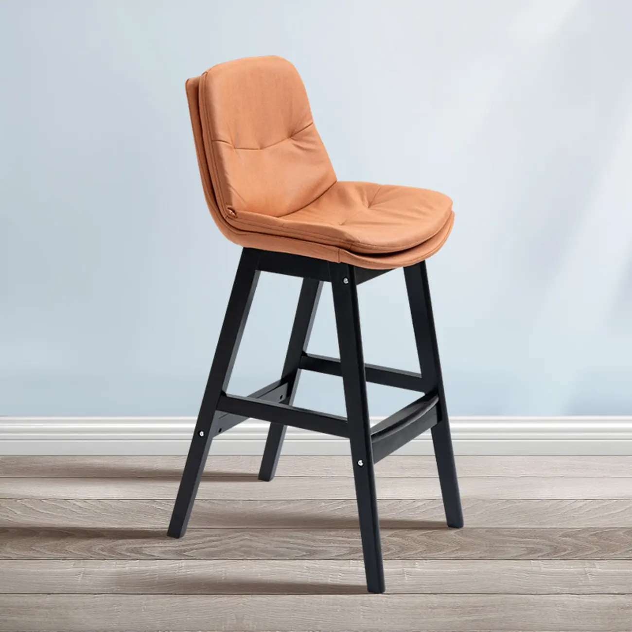 Scandinavian Wood Frame Leather Ergonomic Bucket Bar Stool