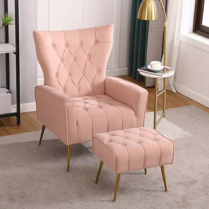 Gray Wingback Accent Chair with Ottoman Set