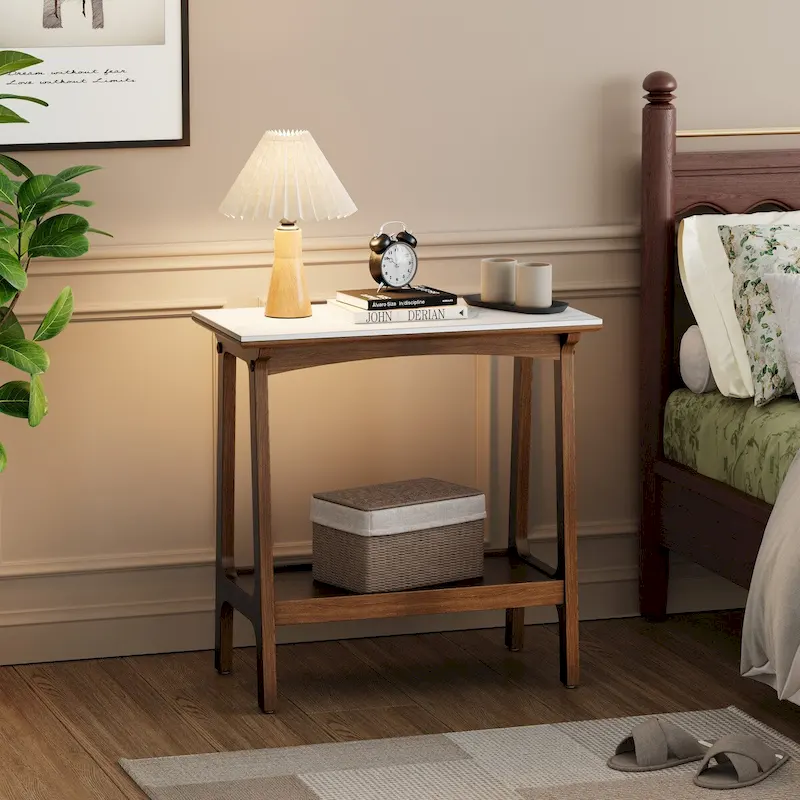 Brown Narrow Slate Side Table with Storage Shelf