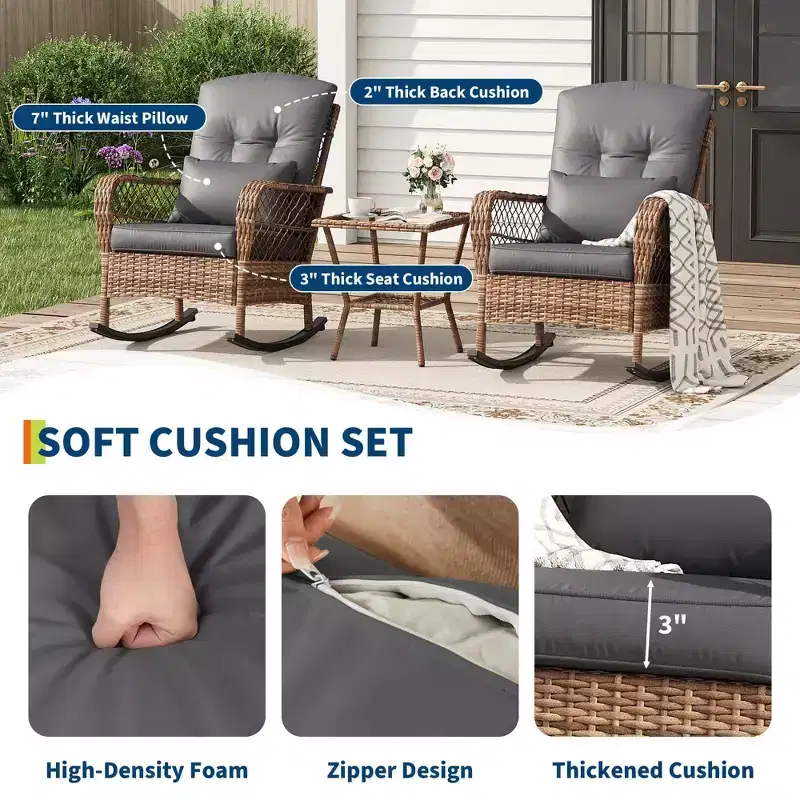 2 Pcs High-Back Wicker Patio Rocking Chair with Cushions, All-Weather Rattan Outdoor Chair for Porch, Removable Washable Covers, 330 lb Capacity