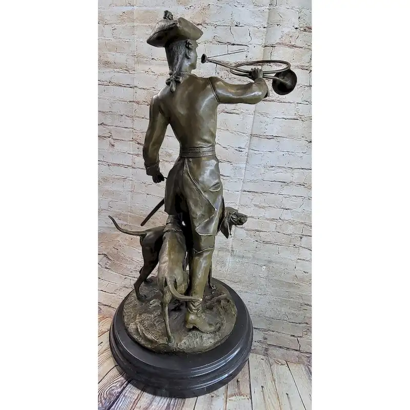 Military Bugler With Hound Imitative Dogs Bronze Statue Sculpture On Marble Base 26 Inches X 19 Inches
