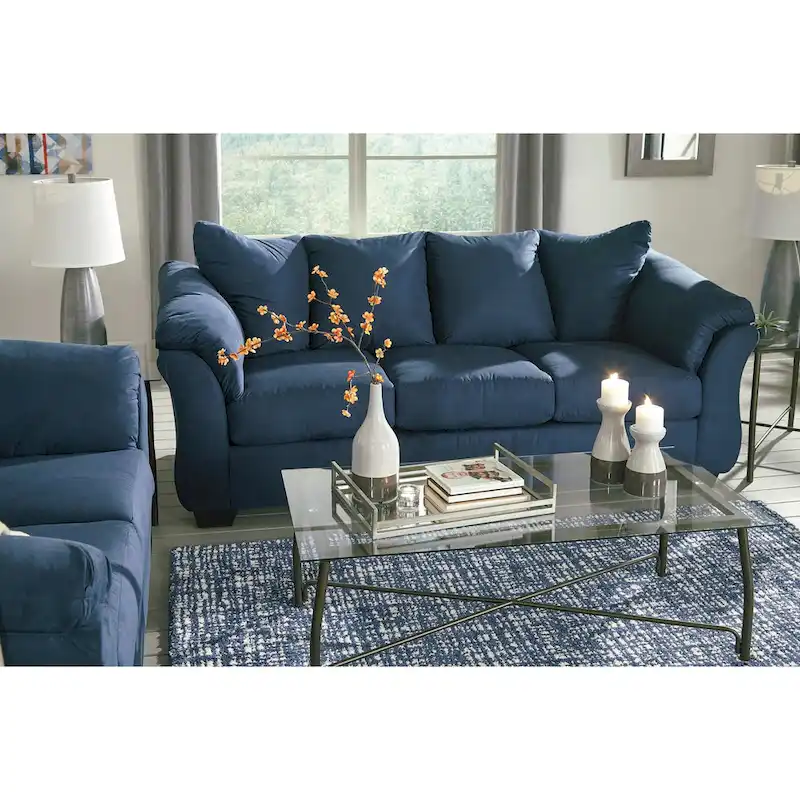 Aruca Navy Blue Microfiber Pillow Back Sofa and Loveseat Set