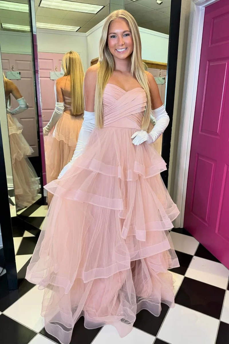 A-Line Strapless Blush Pink Ruffle Tiered Tulle Long Prom Dresses