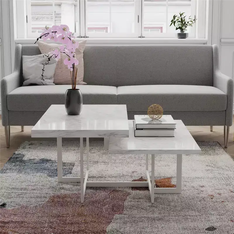 Brielle White Faux Marble Coffee Table, Two-Tier MDF Metal Frame Adjustable Feet for Small Space Living Room