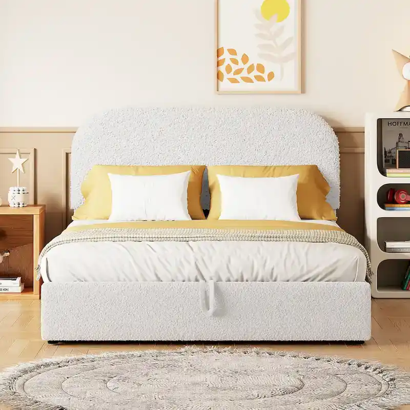 Platform Bed with Hydraulic Storage - Teddy Fleece - Full/Queen