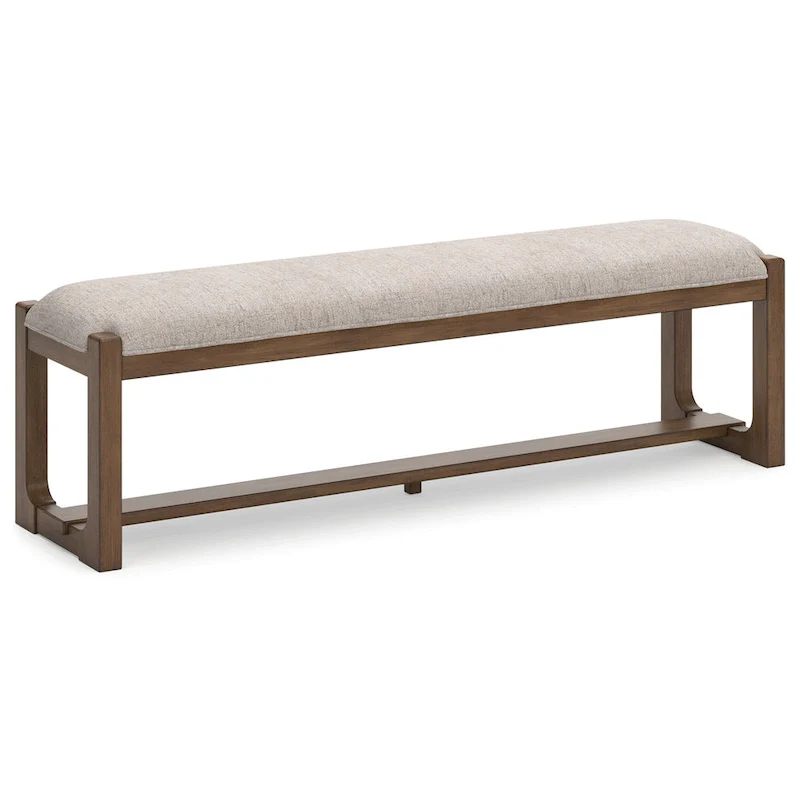 Large Dining Bench, Padded Beige Polyester, Brown Wood, 64 Inch