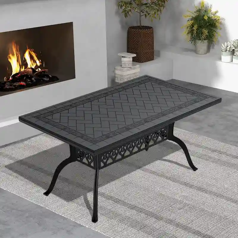 Cast Aluminum Patio Dining Table With Frame and Carved Texture on the Tabletop