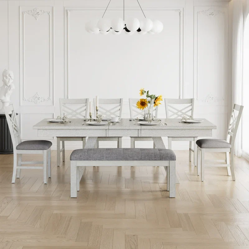 Solid Wood Rectangular Extendable Dining Table with Bench