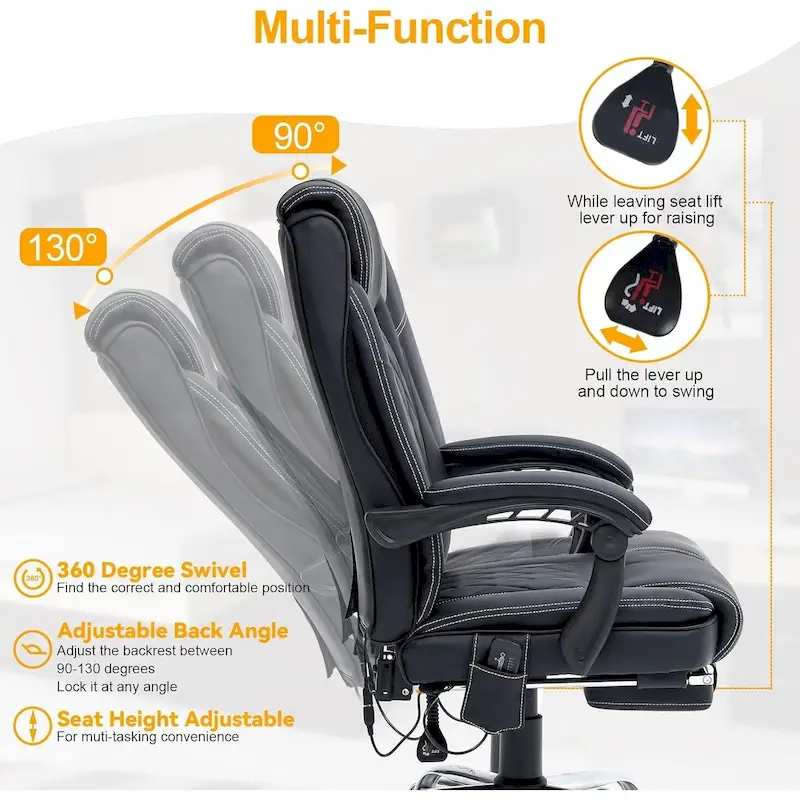 Ergonomic Heated Executive Office Chair with 2/4/6-Point Massage, Retractable Footrest, and PU Leather