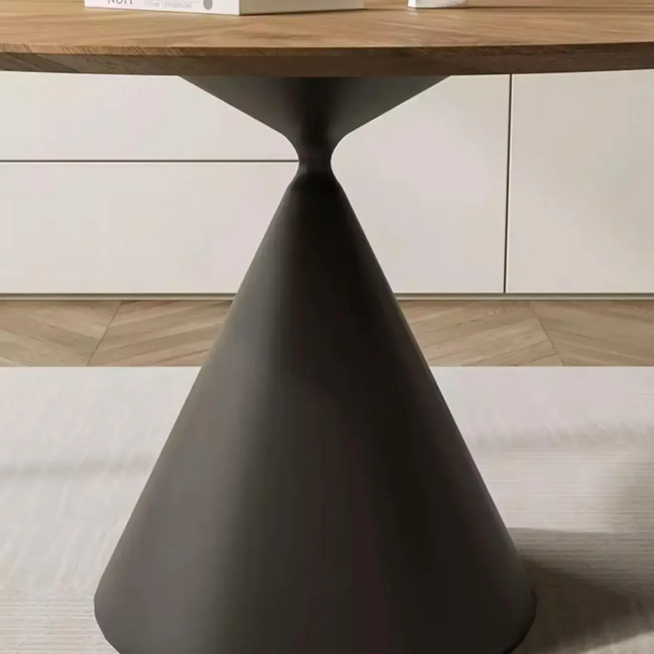 Brown Wood Round Dining Table with Black Metal Pedestal