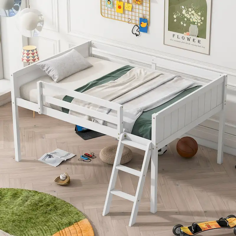 White / Grey Full Size Low Loft Bed with Convertible Ladder & Full-Length Guardrails