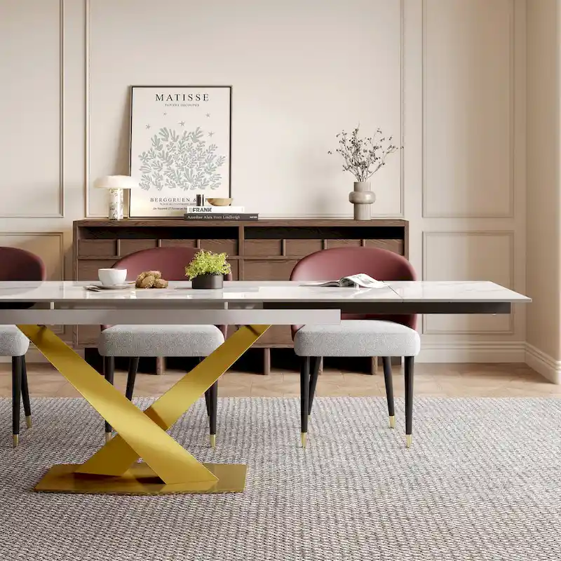 9 - Piece 94.48  Rectangular Extendable Sintered Stone Dining Table with 8 Faux leather Chairs Dining Set