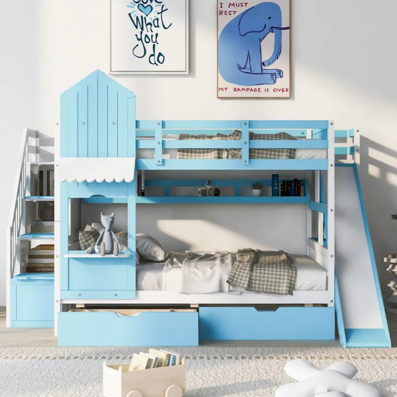 Grey/Blue Castle-Style Full-Over-Full Bunk Bed with Slide, 2 Drawers & 3 Shelves – Sleeps 2