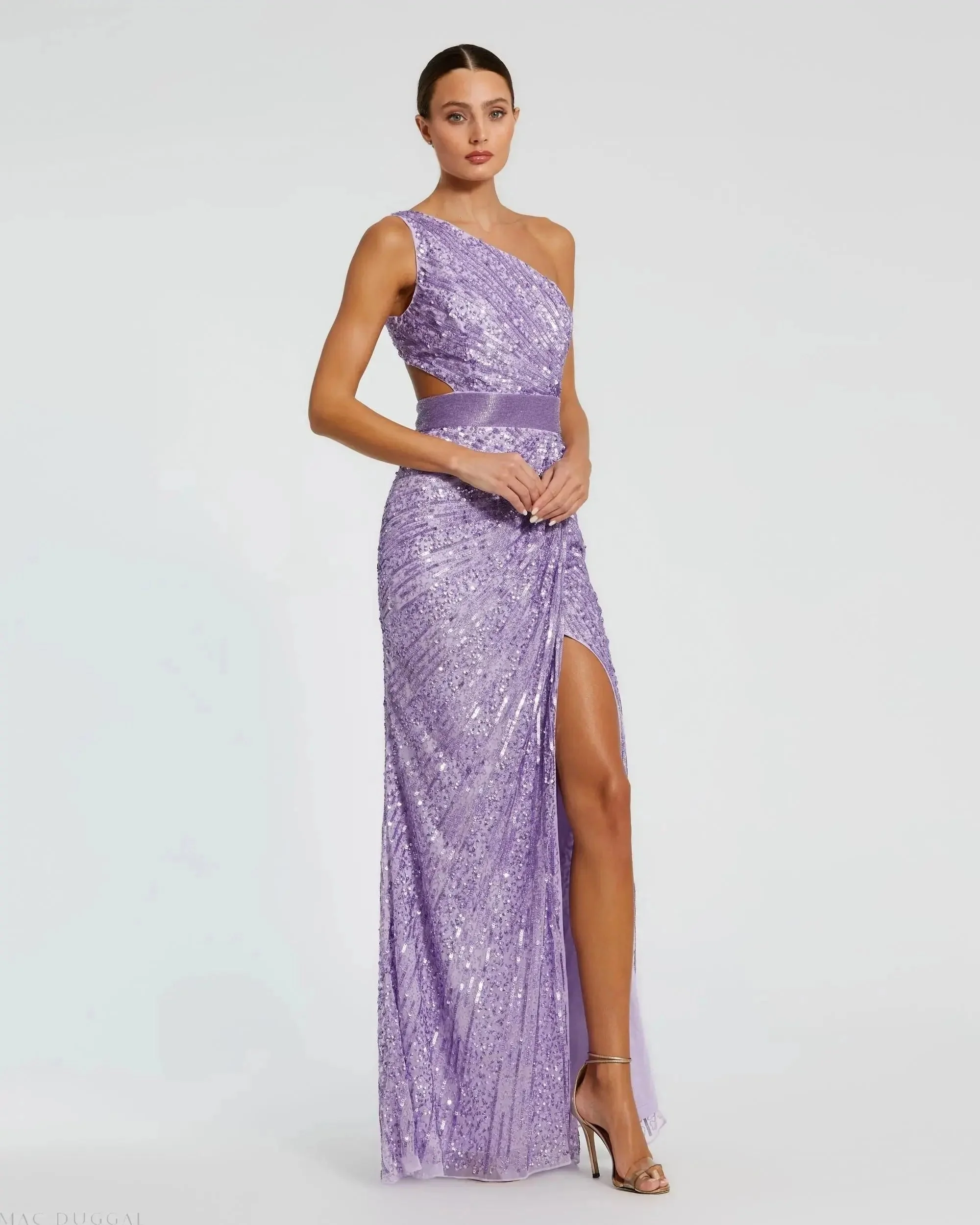 Sequined One Shoulder Draped Lace Up Gown