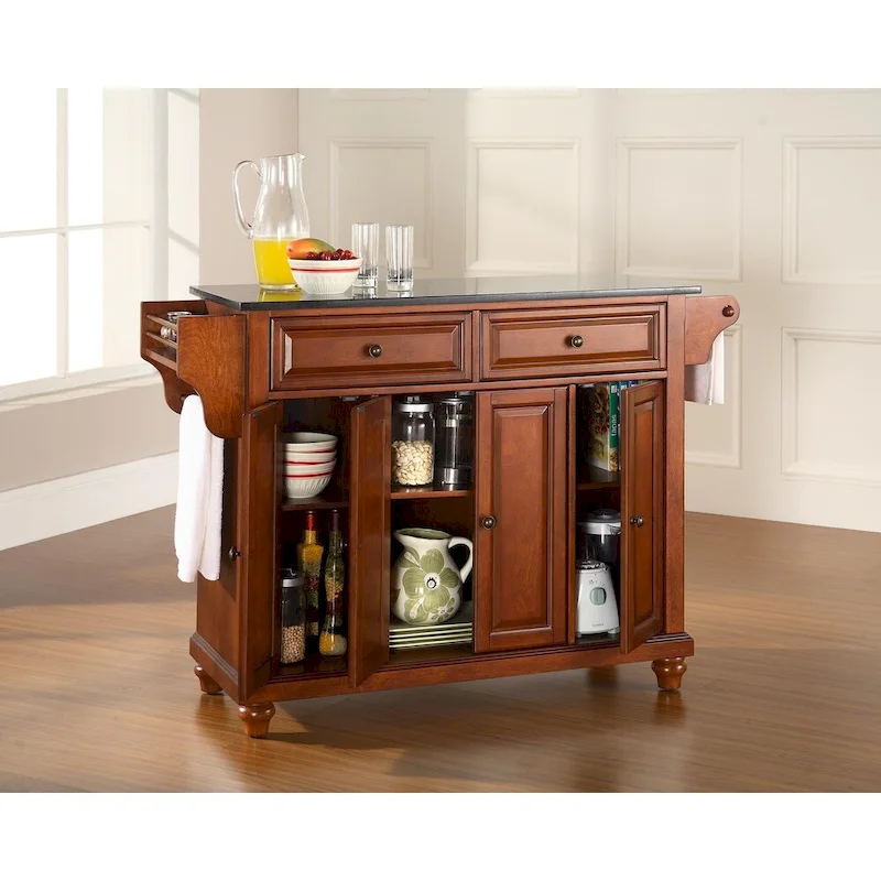 Crosley Cambridge Solid Black Granite Top Kitchen Island in Classic Cherry Finish - 51.5W x 18D x 36H