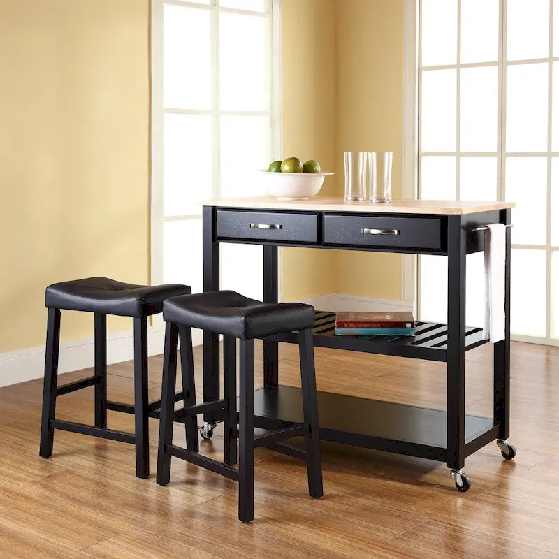 Crosley Black Natural Wood Top Kitchen Cart and Island with Black 24-inch Upholstered Saddle Stools - 17d x 43w x 35h