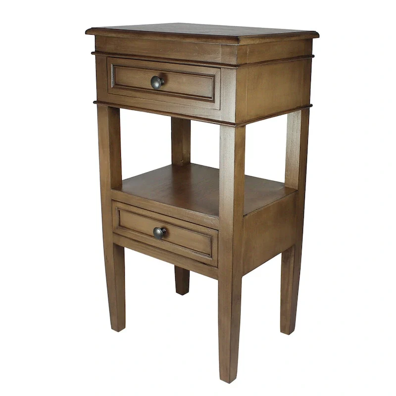 Wooden Side Table with 2 Drawers and Shelf - Antique Finish
