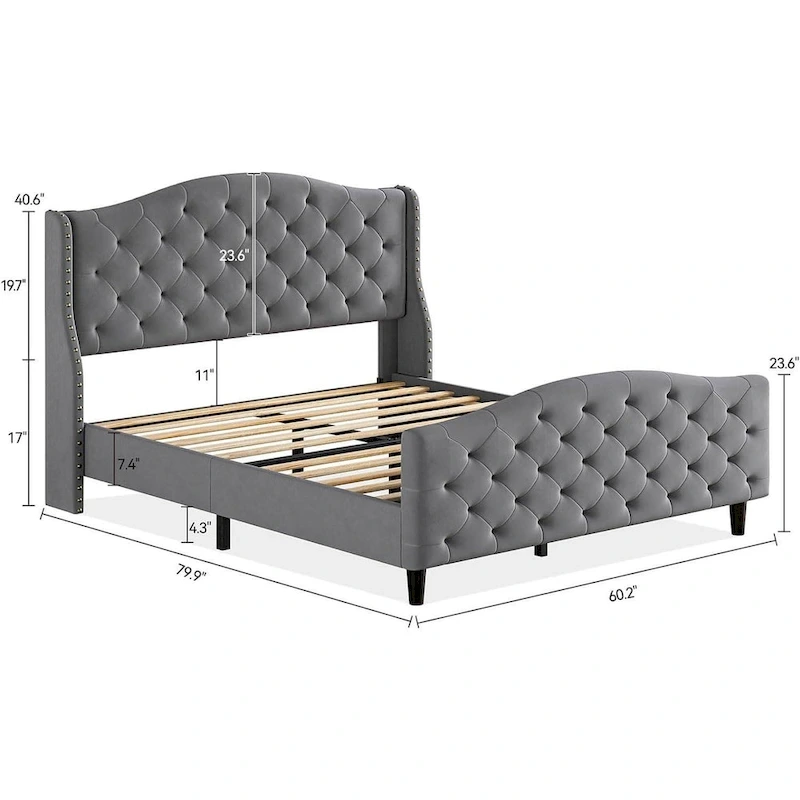 Velvet Upholstered Bed Frame with Wingback Headboard and Footboard