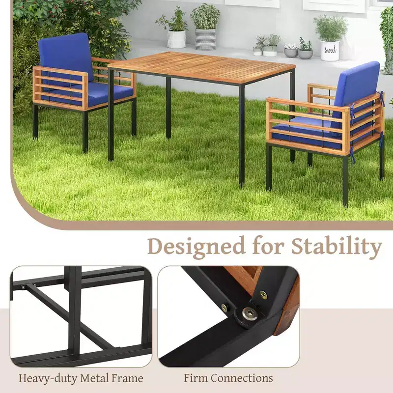 Costway 3 PCS Patio Dining Table Set with Bistro Chairs Large Coffee Table Seat Cushions