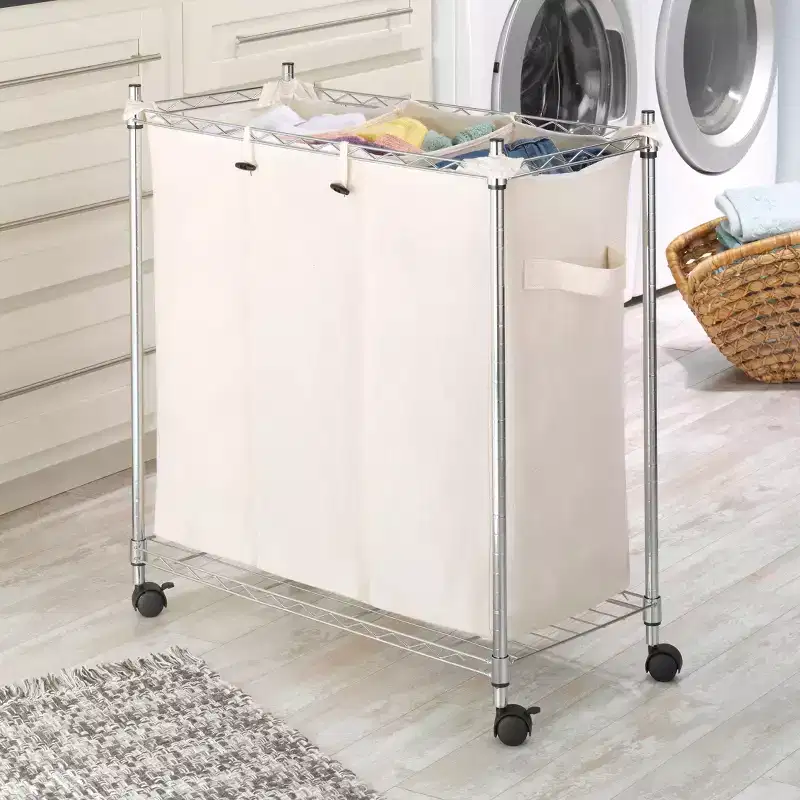 Cream Triple Laundry Sorter with Wheels, 3-Compartment
