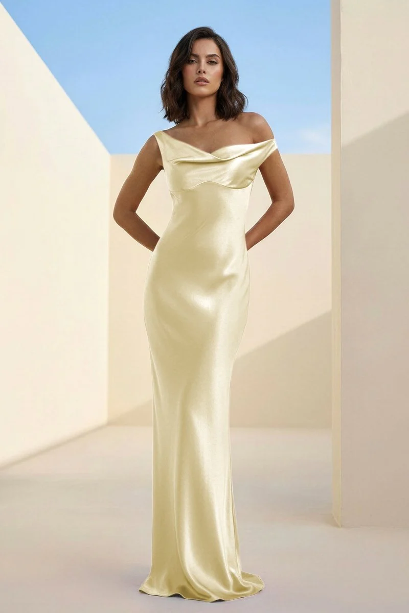 Fuchsia - One Shoulder Sheath Satin Long Prom Dresses