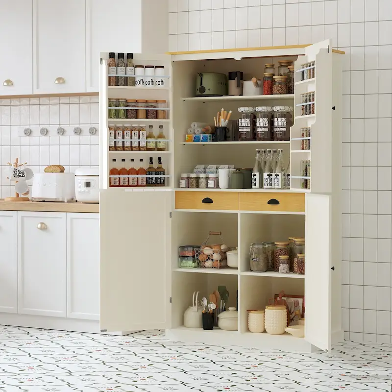 Freestanding Kitchen Pantry with 2 Drawers, Storage Cabinet with 8 Door Shelves, Cabinets with 2 Adjustable Shelves