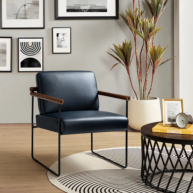 PU & Boucle Armchair with Round Solid Wood Arms, Metal Tube Frame & Black Metal Legs | Navy / Grey / Turquoise / Ivory | Single Seat