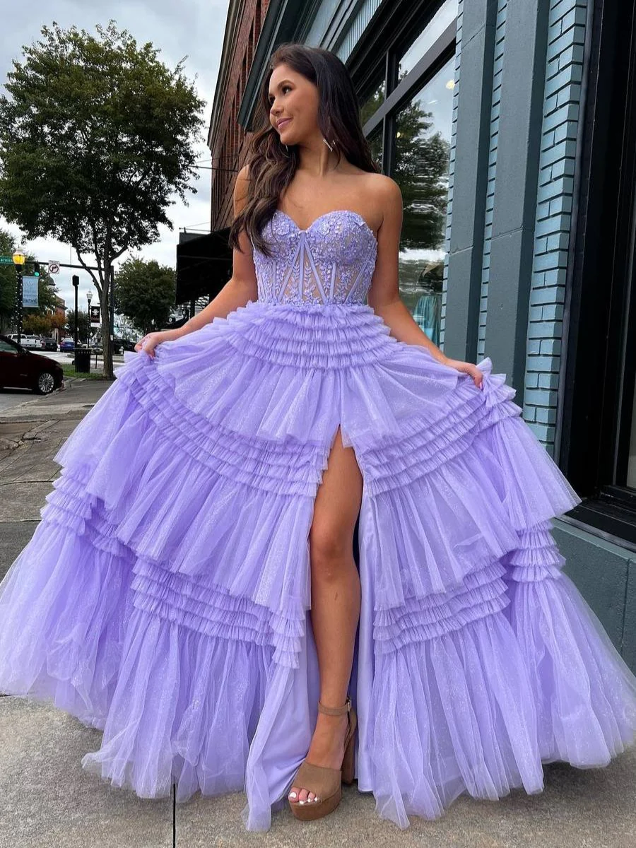 A-Line Sweetheart Tiered Long Tulle Prom Dress