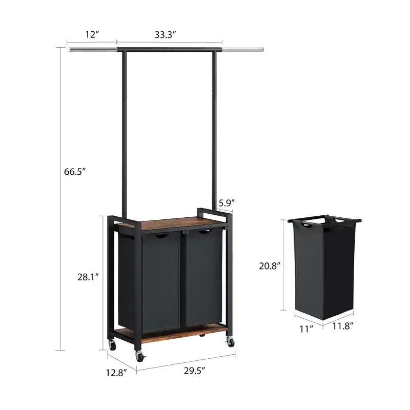 2/3/4-Section Rolling Clothes Rack with Dirty Sorter, Heavy-Duty Laundry Cart with Hanging Rack & Bottom Baskets for Bedroom, Laundry Room & Dorm